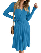 Womens Long Sleeve Wrap V Neck Ribbed Knit Pleated A-Line Sweater Dress With Belt