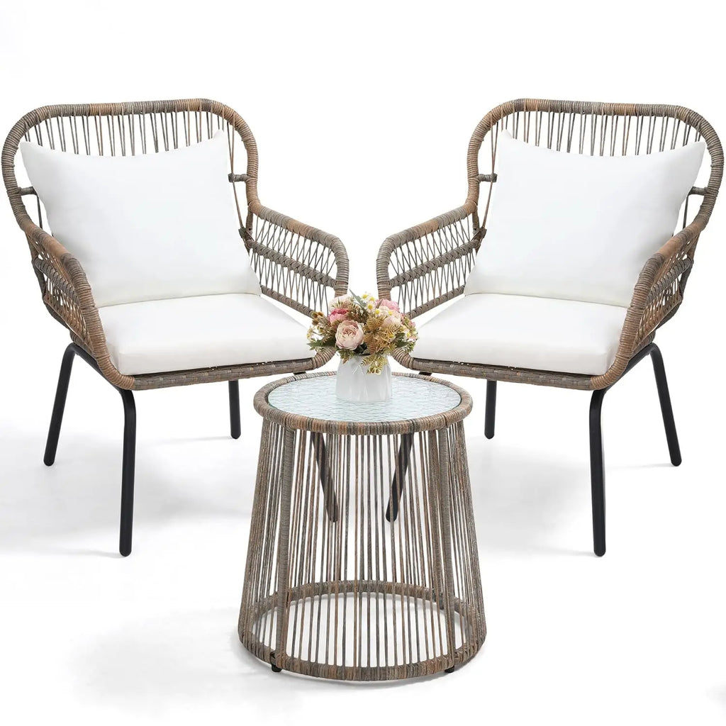 3 Pieces Bistro Set, Woven Rope Chair with Cushions, All Weather Patio Conversation Set and Side Table, Ideal for, Customized