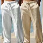 MenS Loose Fit Linen Casual Pants Elastic Waist Beige White