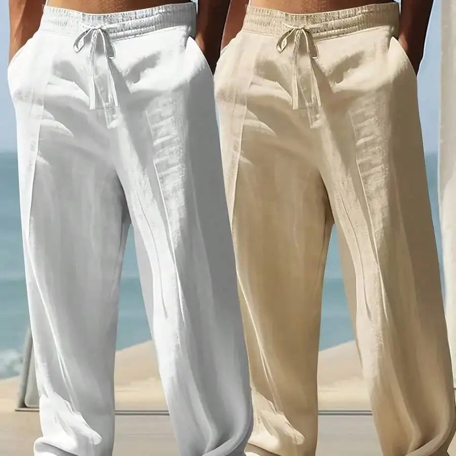 MenS Loose Fit Linen Casual Pants Elastic Waist Beige White