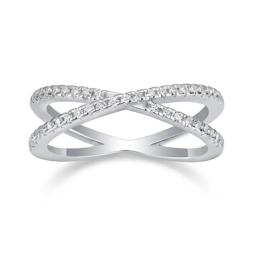 Moissanite Ring, 925 Sterling Silver, D Color VVS1, X-Shape Crossover Design, Unisex Stackable, Couple Ring, With Certificate