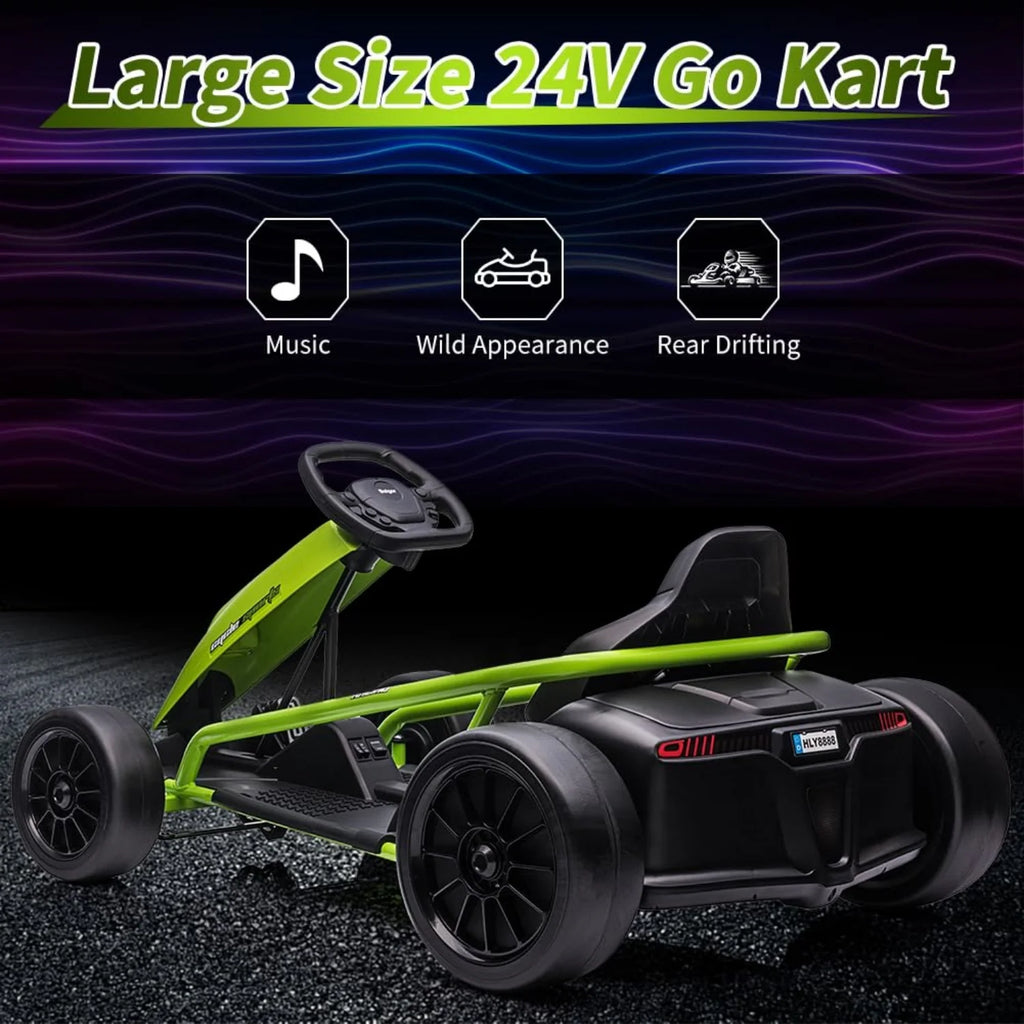 24V Electric Ride-On Go Kart for Kids – Dual 300W Motors, 8MPH High-Speed Drifting, Slow Start, Music & Horn, Max Load 175lbs, Outdoor Four-Wheel Racing Toy, Gift for Ages 8-12