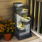 33.5" Outdoor Water Fountain, 4-Tier Floor Standing Resin Cascading Bowls Waterfall Fountain with LED Lights, Pump