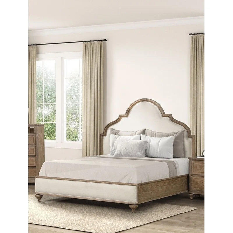Rustic Oak 3-Piece Eastern King Bed with Nightstands, Solid Wood, Unique Legs, Upholstered Frame, Traditional Design