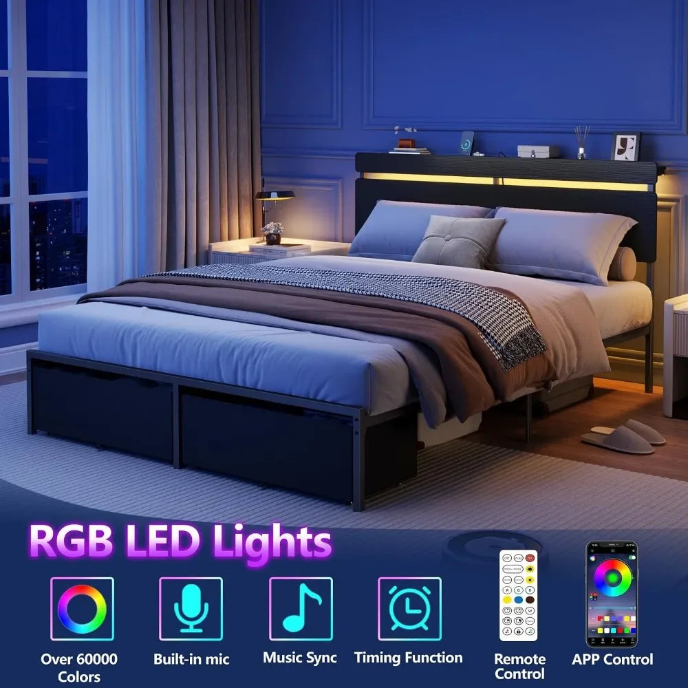 Queen Size Wooden Bed Frame with Headboard, Storage Drawers, Charging Station, LED Lights, Metal Support, No Box Spring Needed