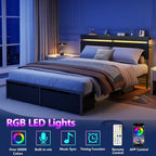 Queen Size Wooden Bed Frame with Headboard, Storage Drawers, Charging Station, LED Lights, Metal Support, No Box Spring Needed