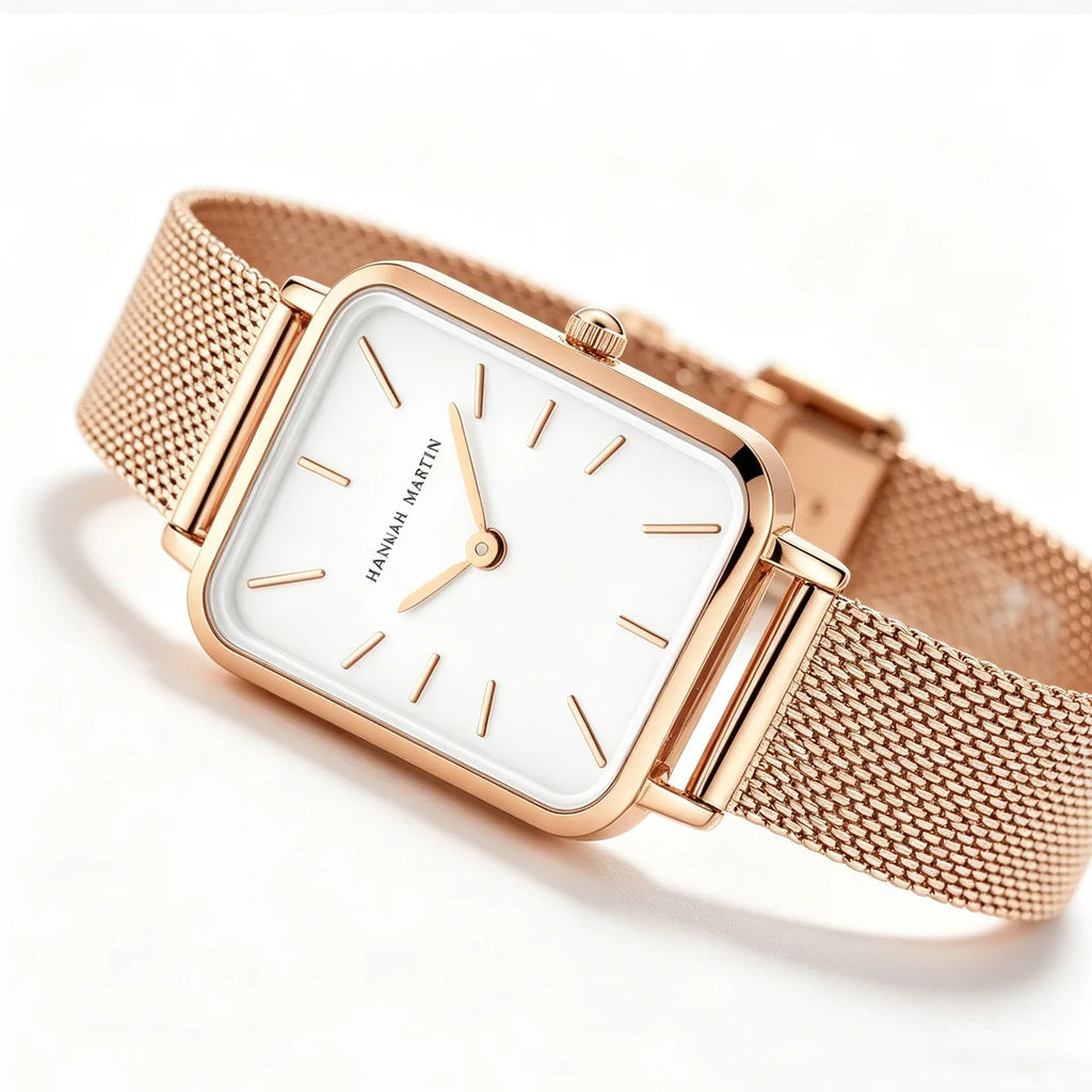 Hannah Martin Women Watch 34mm Simple Design Square Dial Lightweight Japanese Quartz Movement Rose Gold Stainless Steel Mesh Strap Classic Watch US Local Fast Shipping Surprise Gift Watch