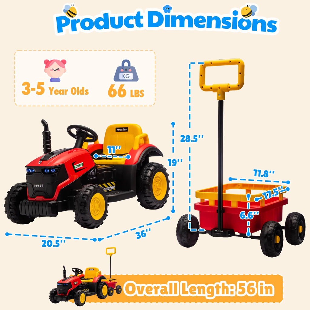 12V Kids Electric Ride On Tractor With Removable Trailer, Remote Control & Manual Drive 2 Modes, Bluetooth Music LED Light, Children Farm Ride‑on Car Toy Gift for Kids Boys Girls