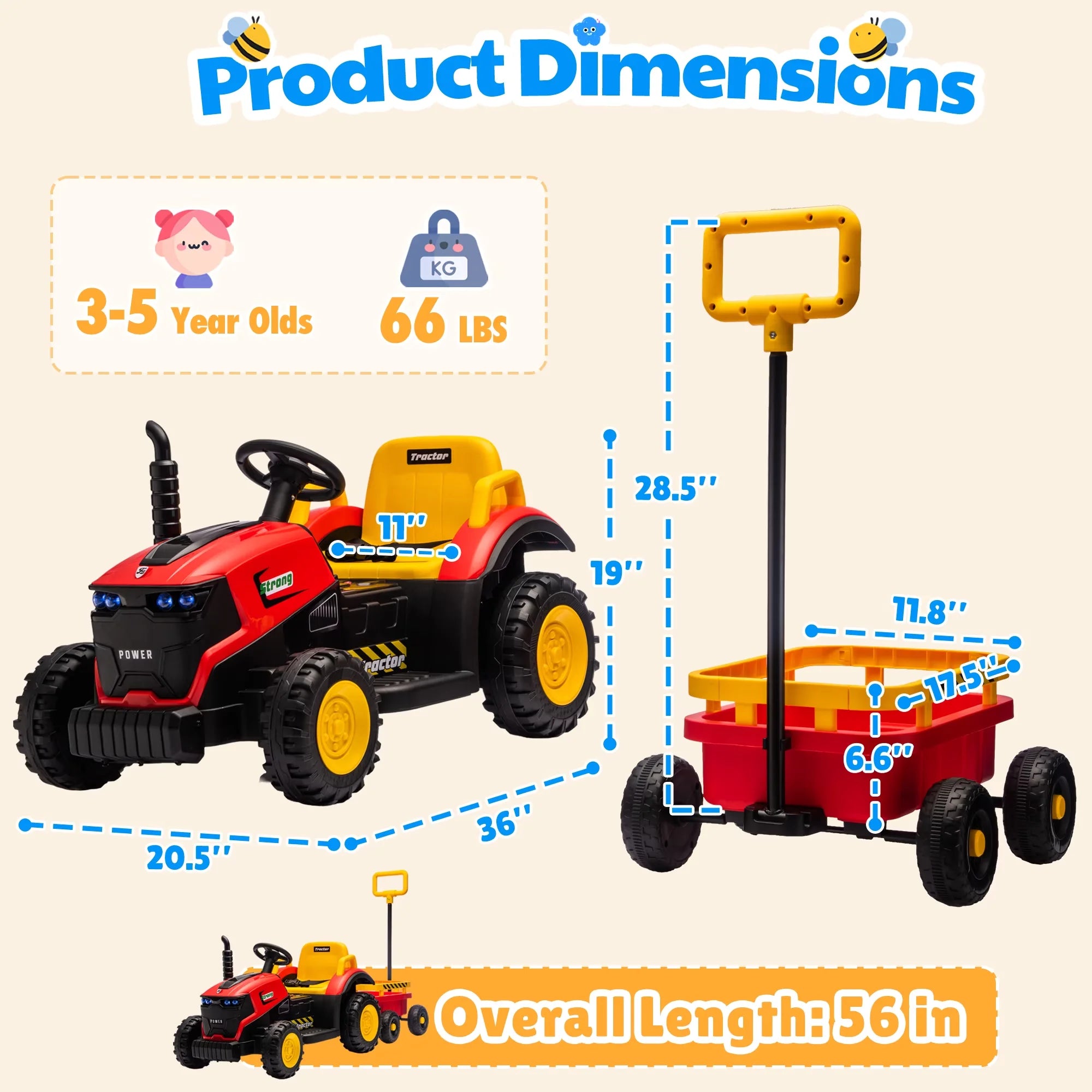 12V Kids Electric Ride On Tractor With Removable Trailer, Remote Control & Manual Drive 2 Modes, Bluetooth Music LED Light, Children Farm Ride‑on Car Toy Gift for Kids Boys Girls