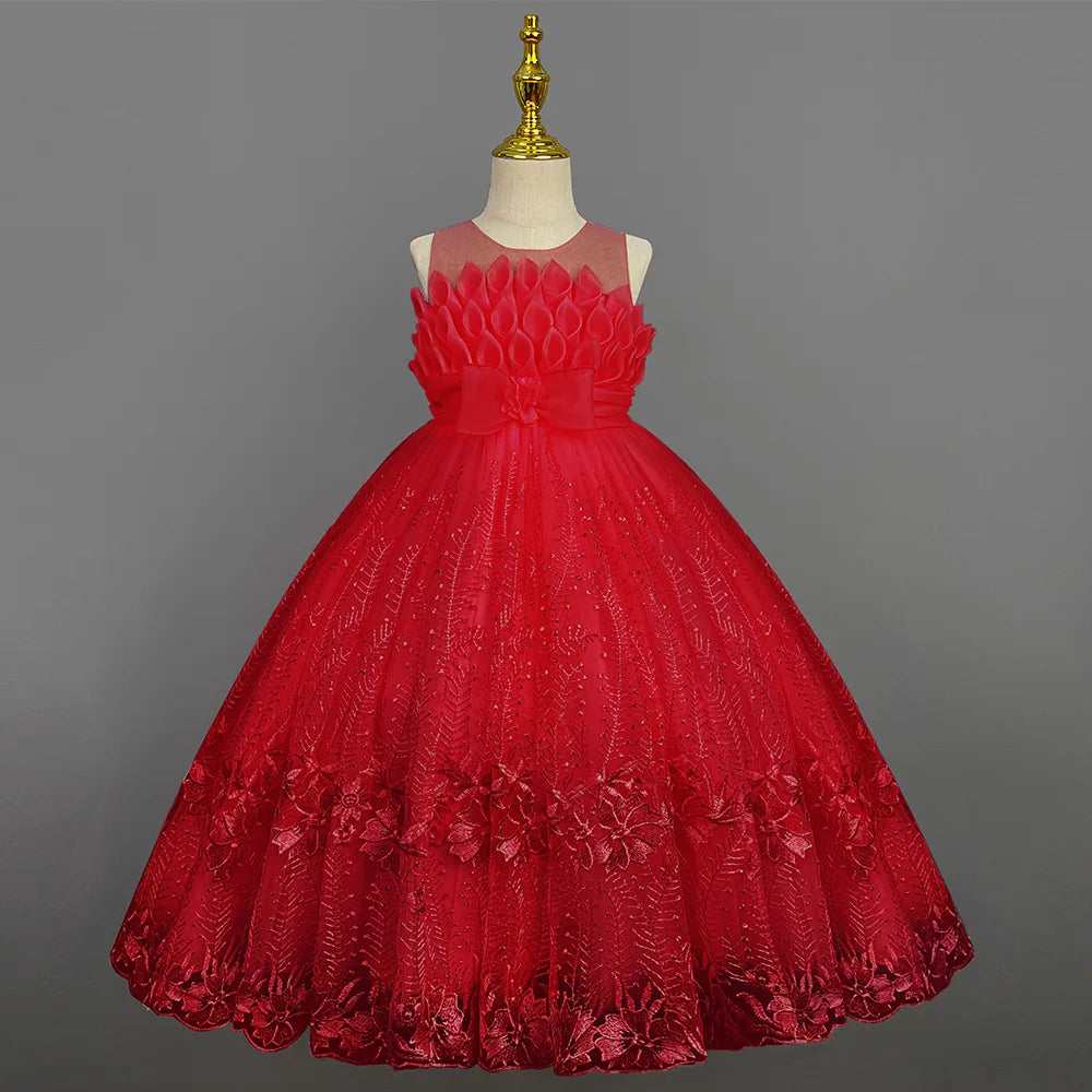 14T Kid Lotus Bud Solid Color No-Sleeve Lace Flower Skirt Organza Piano Costumes Evening Full Dress