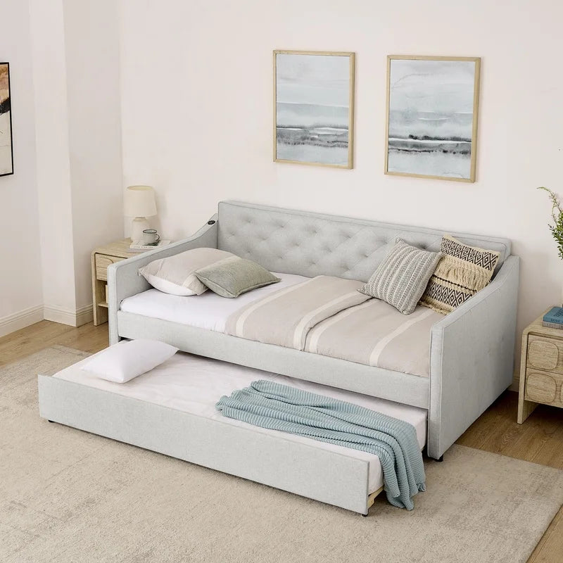 Twin Upholstered Daybed with Pop-Up Trundle and USB Charging