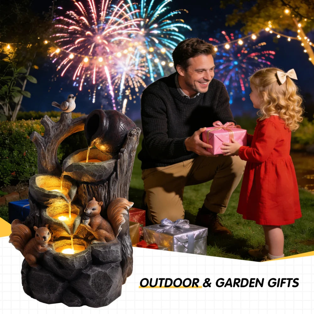 Squirrel Outdoor Water Fountain with Lights Waterfall Garden Decor Resin Tree Stump Pouring Jug for Patio Yard Porch
