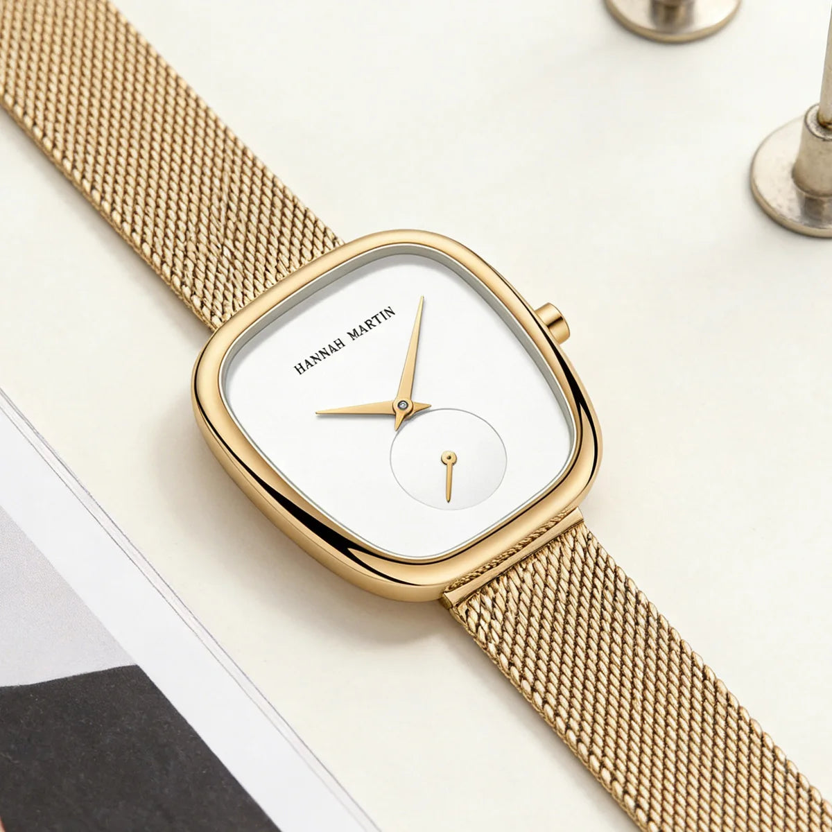 US Local Shipping Women's Watch Oval Rose Gold Case 34mm White Minimalist Dial Original Clock Quartz Movement, Creative Sub Dial, Stainless Steel Mesh Belt, Daily Matching, Work Commuting, Women Jewelry Watch