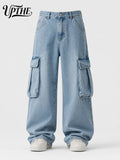 UP.THE Men Light Wash Cargo Baggy Wide Leg Jeans, Y2K Oversized Loose Denim Pants, Multi Pocket Streetwear Trousers for Daily Outfits