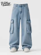 UP.THE Men Light Wash Cargo Baggy Wide Leg Jeans, Y2K Oversized Loose Denim Pants, Multi Pocket Streetwear Trousers for Daily Outfits