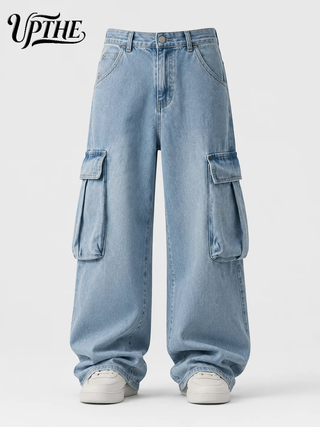 UP.THE Men Light Wash Cargo Baggy Wide Leg Jeans, Y2K Oversized Loose Denim Pants, Multi Pocket Streetwear Trousers for Daily Outfits