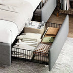 Full/Queen/King Platform Bed Frame With 4 Storage Drawers, Adjustable Headboard, Faux Leather Button Tufted Square Stitched Design, Wooden Slats, Noise-Free, No Box Spring Needed, Easy Assembly, Light Grey