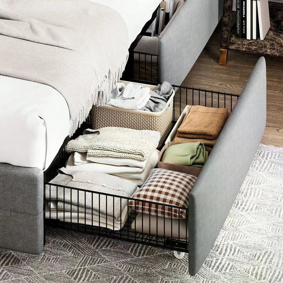 Full/Queen/King Platform Bed Frame With 4 Storage Drawers, Adjustable Headboard, Faux Leather Button Tufted Square Stitched Design, Wooden Slats, Noise-Free, No Box Spring Needed, Easy Assembly, Light Grey