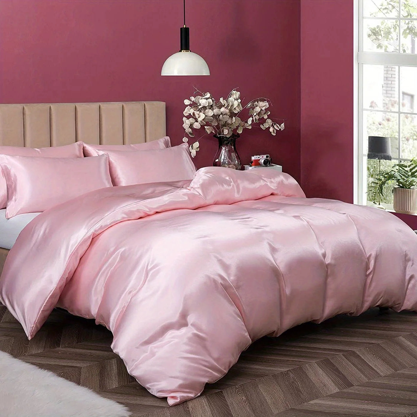 Satin Solid Color Ultra-Soft 3-Piece Duvet Cover Set, Cool and Super Soft Solid Color Bedding Set with Pillowcases, Skin-Friendly and Suitable for All Seasons, Bedroom Home Decor (Duvet Not Included)