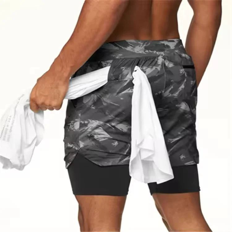 Sports Shorts Jogging Training Quick Dry 2-in-1 Double Layer Elastic Waist Taffeta Regular Fit Summer Men Single Pair