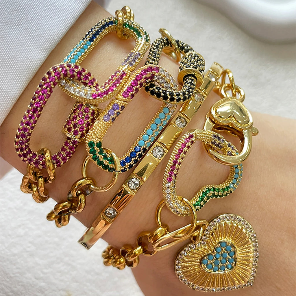 1 PC gold colorful diamond oval buckle bracelet, paired with gold Heart shaped pendant bracelet, unique and exquisite style