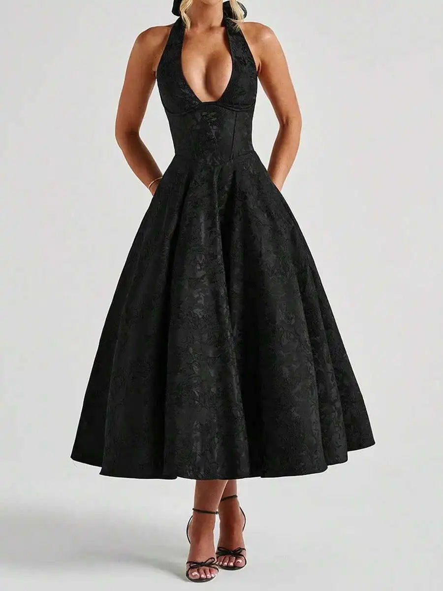 Women Jacquard Halter A-Line Tea-Length Dress For Evening Party
