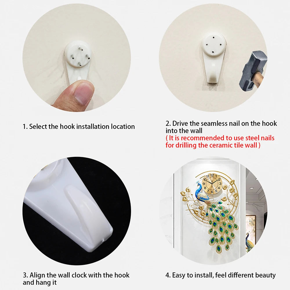 Peacock Art Wall Clock, Large Metal Silent Non-ticking Timepiece, Elegant Luxury Wall Decor for Home Living Room Bedroom