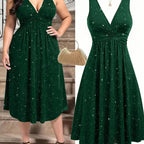 Plus Size - Plus Size - Plus Size Women'S Elegant Statement Shimmer V-Neck Ruched Waist Dress