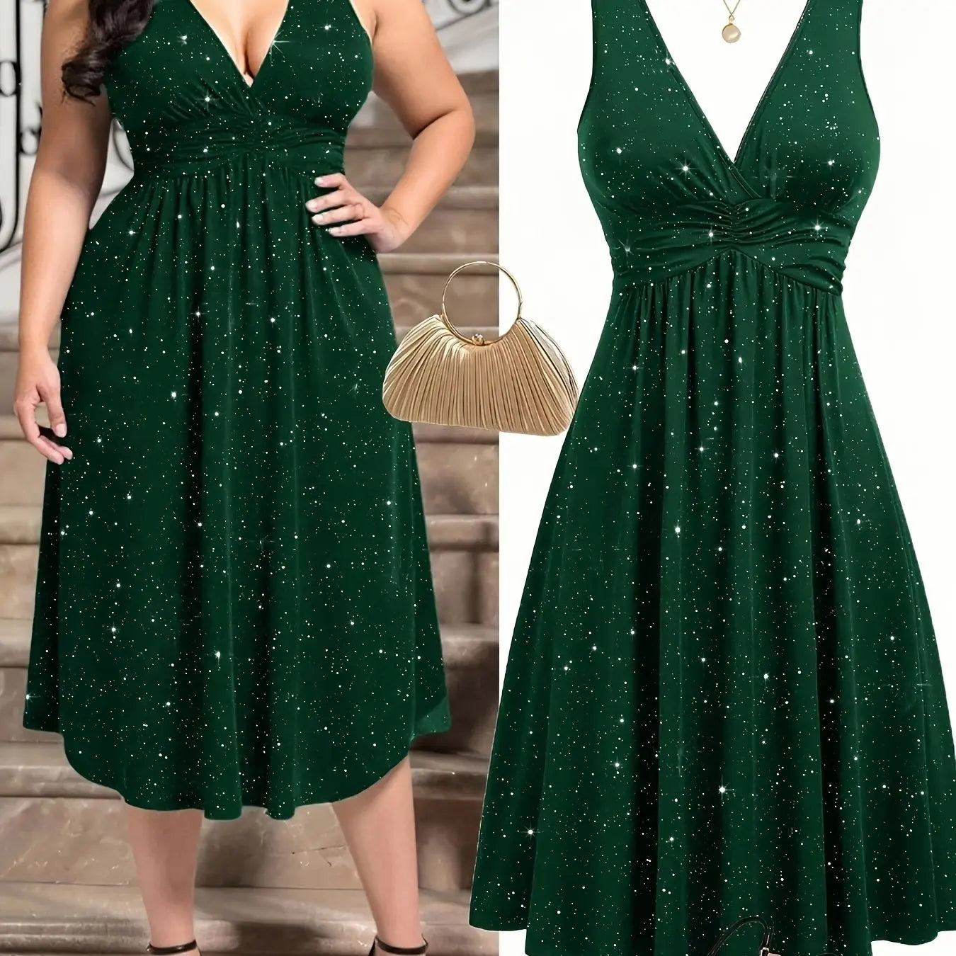 Plus Size - Plus Size - Plus Size Women'S Elegant Statement Shimmer V-Neck Ruched Waist Dress