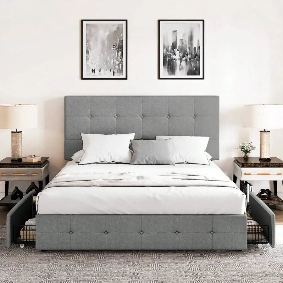Full/Queen/King Platform Bed Frame With 4 Storage Drawers, Adjustable Headboard, Faux Leather Button Tufted Square Stitched Design, Wooden Slats, Noise-Free, No Box Spring Needed, Easy Assembly, Light Grey