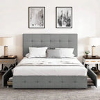 Full/Queen/King Platform Bed Frame With 4 Storage Drawers, Adjustable Headboard, Faux Leather Button Tufted Square Stitched Design, Wooden Slats, Noise-Free, No Box Spring Needed, Easy Assembly, Light Grey