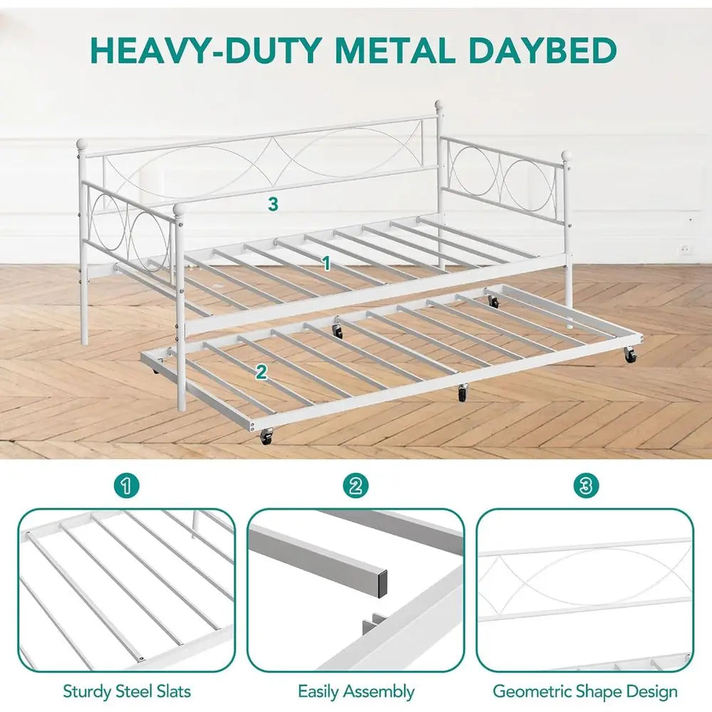 Modern White Twin Daybed with Trundle and Metal Frame, Multifunctional Bedroom Daybed Sofa Bed with Steel Slat Support