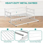 Modern White Twin Daybed with Trundle and Metal Frame, Multifunctional Bedroom Daybed Sofa Bed with Steel Slat Support