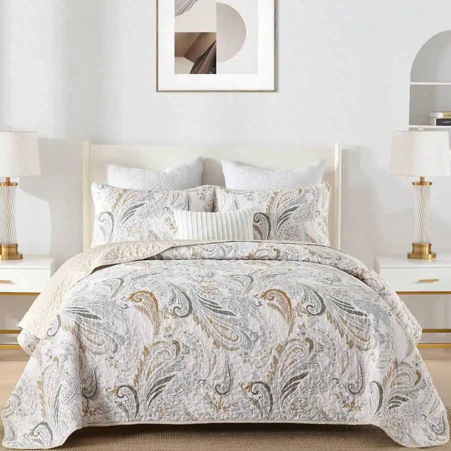 3 Pieces  Yellow Flower Quilt Set Twin Full Queen King Size, Paisley Patchwork Plaid Bedspread Bedding Sets  Coverlet Set.