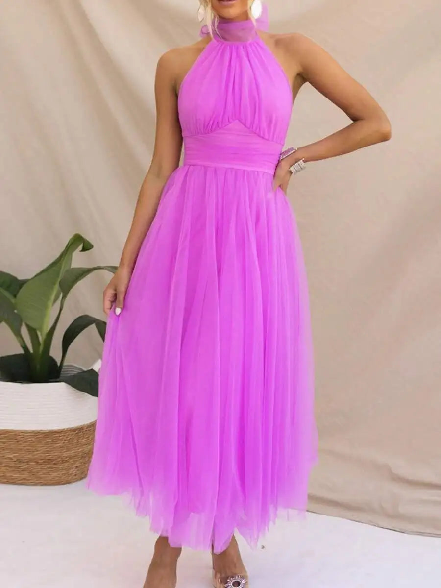 Women Backless Long Tulle Dress Adjustable Halter Neck High Waist Solid Party Wedding Dress