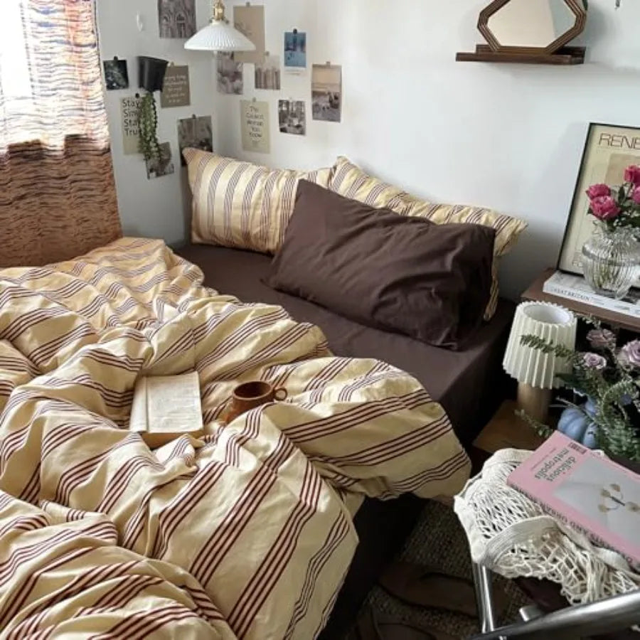 Retro Striped Duvet Cover Set - 100% Natural Cotton 3-Piece Vintage Red Stripes Pattern Printed Bedding Set, Soft Breathable Co