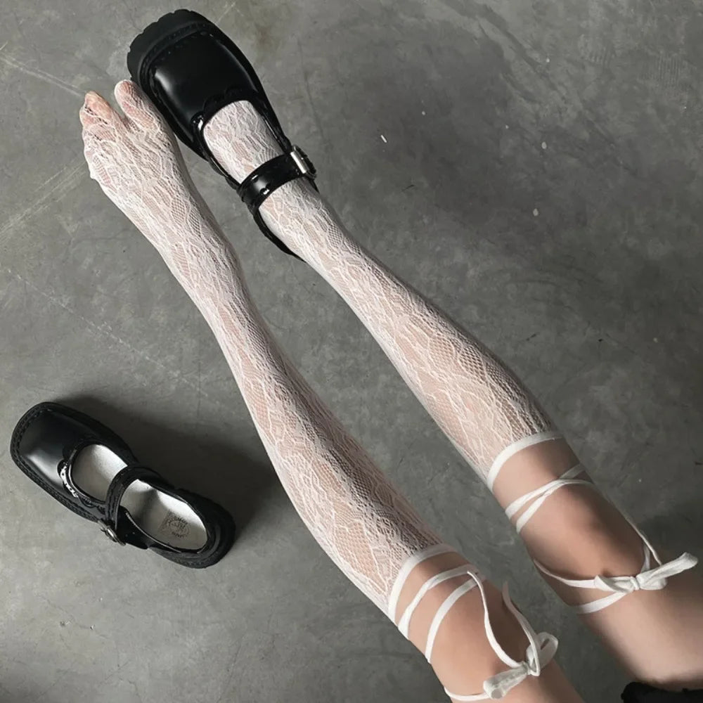 Black White Sexy Overknee Long Socks For Women Sweet Girls Lolita Bowknot Thigh High Fishnet Stockings Gothic Punk Lace Mesh Leggings Sexy Stockings Soft Breathable Comfortable Stylish Fashionable Daily Party Wear