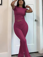 Women's two-piece sports leisure yoga set, short-sleeved cuffed flared trousers, short-sleeved top sports set