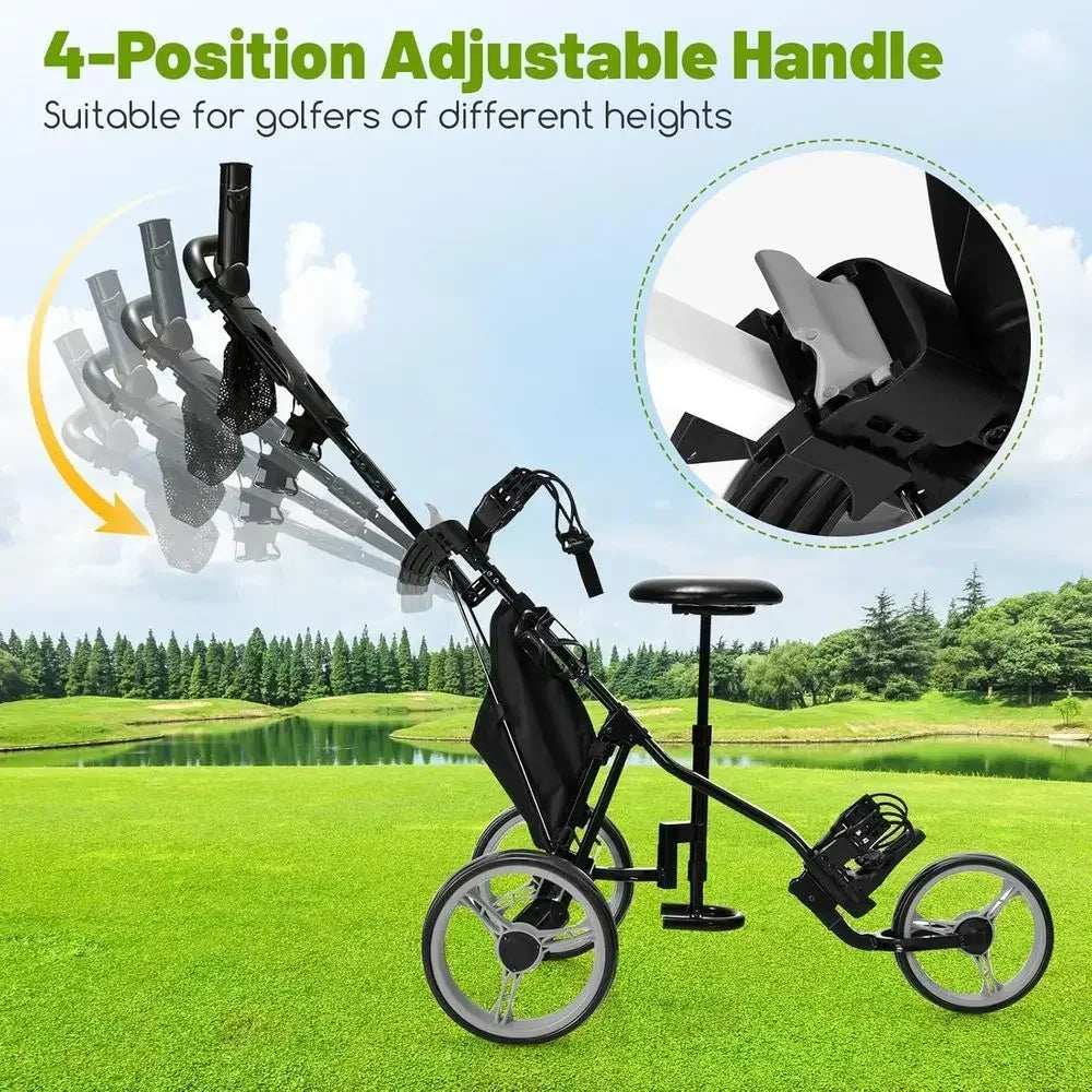 3-Wheel Folding Golf Cart with Adjustable Seat, Umbrella Holder, and Foot Brake for Men & Women
