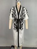Office Ladies Office A-line Dress 2025 New Summer Half Sleeves Flower Print Printed Tied Waist V-Neck Women's Midi Dresses