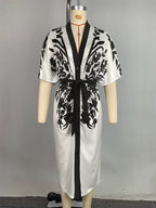 Office Ladies Office A-line Dress 2025 New Summer Half Sleeves Flower Print Printed Tied Waist V-Neck Women's Midi Dresses