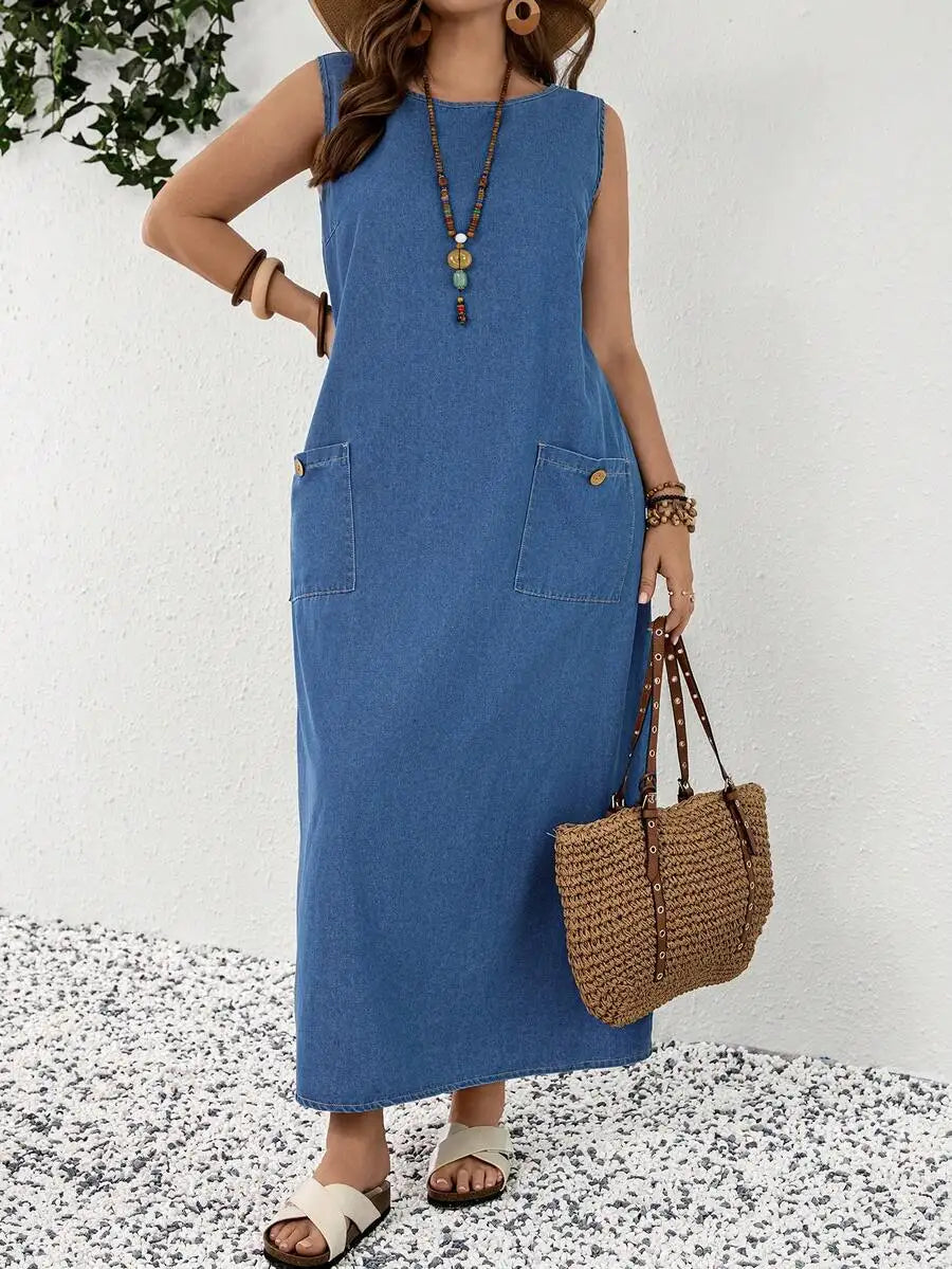 Mature Denim Plus Size Women Loose Fit Denim Sleeveless Shift Dress,Valentine's Day,Summer,Carnival,Beach,Party,Elegant Party