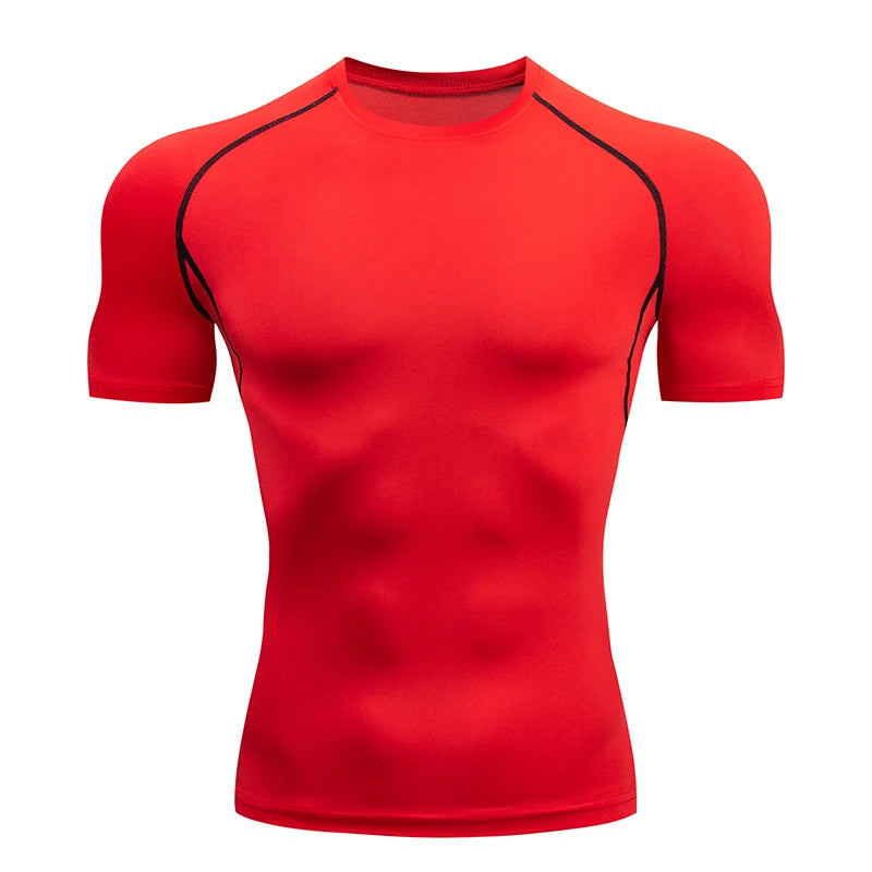 Summer Men Athletic Tight Short Sleeve Compression T Shirt Elastic Polyester Quick Dry Breathable Running Fitness Training Base Top