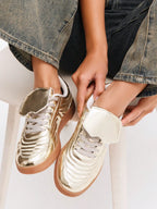 Fold Over Tongue Round Toe Gum Sole Low Top PU Gold Casual Stylish Versatile Comfortable Sneakers For Women Summer