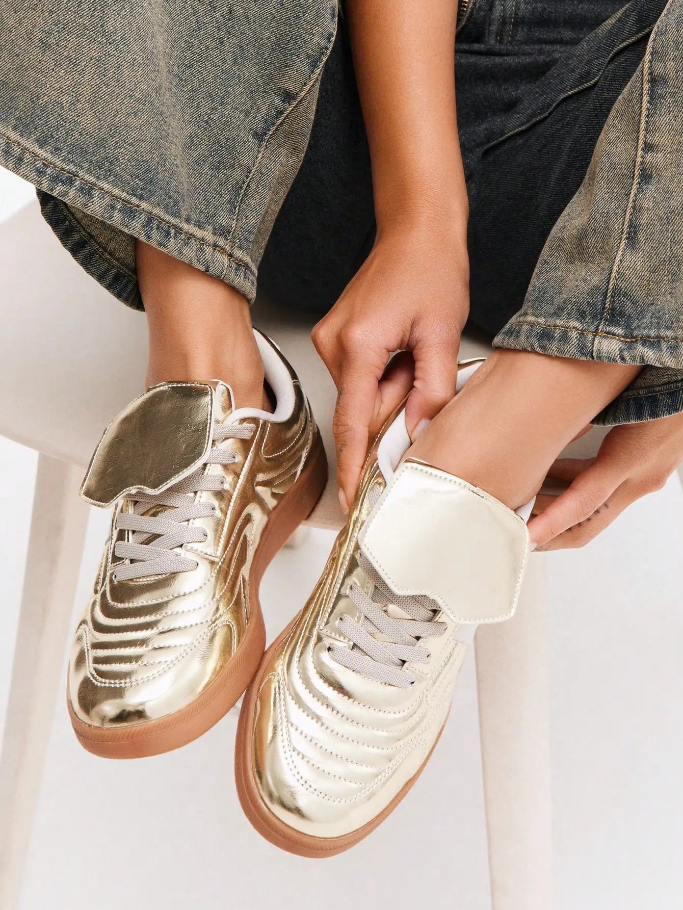 Fold Over Tongue Round Toe Gum Sole Low Top PU Gold Casual Stylish Versatile Comfortable Sneakers For Women Summer
