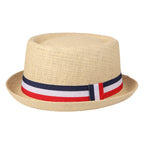 Red, white, and blue striped straw hat with rolled brim and decorative ribbon; retro casual jazz hat; unisex summer sun hat.