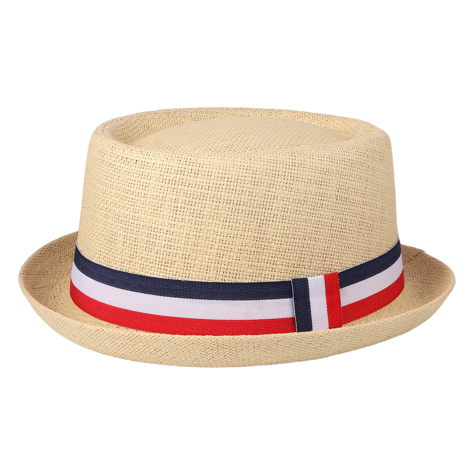 Red, white, and blue striped straw hat with rolled brim and decorative ribbon; retro casual jazz hat; unisex summer sun hat.
