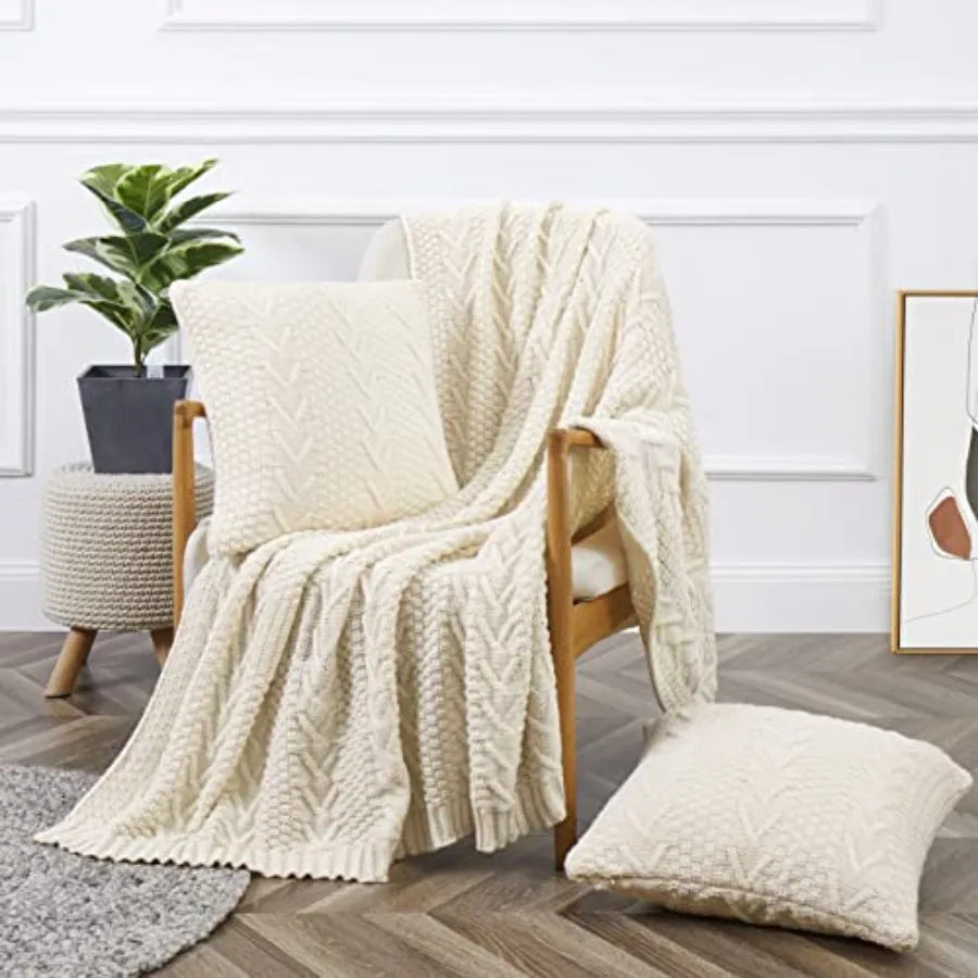 Knitted Throw Blanket 50" x 60" and 2 Pillow Covers (18" x 18") 3 Pcs Throw Blanket Set Decorative Throw Blankets for Couch Sof