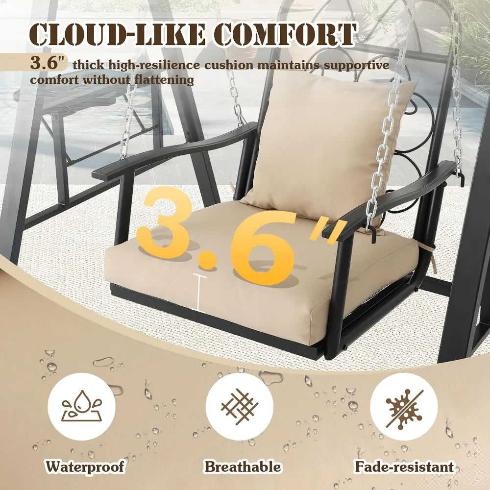 Porch Swing with Stand for Adults - Heavy-Duty Metal, Cushioned, Cup Holders, Adjustable, Easy Assembly