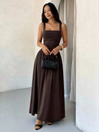 Womens Elegant White Square Collar Sleeveless Maxi Dress With Shirred Body